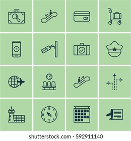 Set Of 16 Transportation Icons. Includes Worldwide Flight, Suitcase Pushcart, Plastic Card And Other Symbols. Beautiful Design Elements.