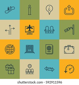 Set Of 16 Transportation Icons. Includes Moving Staircase, Flight Path, Information And Other Symbols. Beautiful Design Elements.