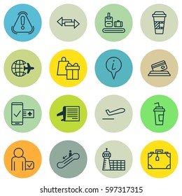 Set Of 16 Transportation Icons. Includes Airliner Takeoff, Airport Building, Shopping And Other Symbols. Beautiful Design Elements.