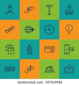 Set Of 16 Transportation Icons. Includes Escalator Down, Phone Reservation, Locate And Other Symbols. Beautiful Design Elements.