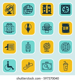 Set Of 16 Transportation Icons. Includes Timetable, Takeaway Coffee, Luggage Scanner And Other Symbols. Beautiful Design Elements.