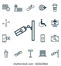 Set Of 16 Transportation Icons. Includes Video Surveillance, Airport Building, Appointment And Other Symbols. Beautiful Design Elements.