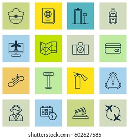 Set Of 16 Transportation Icons. Includes Internet Ticket, Airplane Information, Siren And Other Symbols. Beautiful Design Elements.
