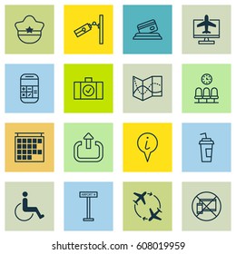 Set Of 16 Transportation Icons. Includes Internet Ticket, Exit, Calculation And Other Symbols. Beautiful Design Elements.