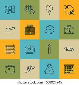 Set Of 16 Transportation Icons. Includes Travel Clock, Resort Development, Road Map And Other Symbols. Beautiful Design Elements.
