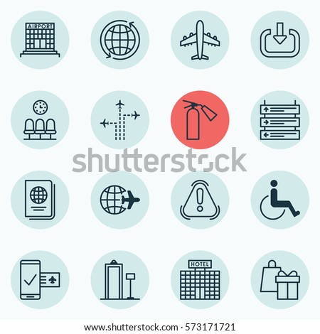 Set Of 16 Transportation Icons. Includes Worldwide Flight, Identification Document, Flight Path And Other Symbols. Beautiful Design Elements.