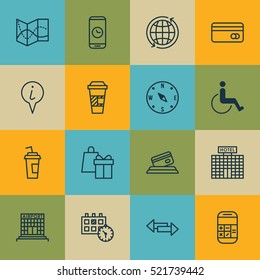 Set Of 16 Travel Icons. Can Be Used For Web, Mobile, UI And Infographic Design. Includes Elements Such As Around, Debit, Appointment And More.