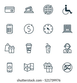 Set Of 16 Travel Icons. Can Be Used For Web, Mobile, UI And Infographic Design. Includes Elements Such As Card, Disabled, Phone And More.