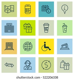 Set Of 16 Travel Icons. Can Be Used For Web, Mobile, UI And Infographic Design. Includes Elements Such As Exchange, Box, Map And More.