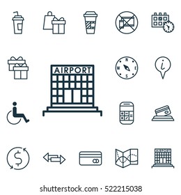 Set Of 16 Travel Icons. Can Be Used For Web, Mobile, UI And Infographic Design. Includes Elements Such As Building, Dollar, Drink And More.