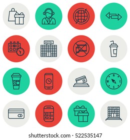 Set Of 16 Travel Icons. Can Be Used For Web, Mobile, UI And Infographic Design. Includes Elements Such As Card, Calculator, Calendar And More.