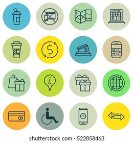Set Of 16 Travel Icons. Can Be Used For Web, Mobile, UI And Infographic Design. Includes Elements Such As Disabled, Construction, Crossroad And More.