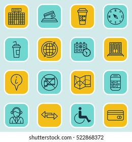 Set Of 16 Travel Icons. Can Be Used For Web, Mobile, UI And Infographic Design. Includes Elements Such As Mobile, Compass, Card And More.