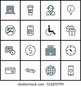 Set Of 16 Travel Icons. Can Be Used For Web, Mobile, UI And Infographic Design. Includes Elements Such As Pointer, Paralyzed, Calculator And More.