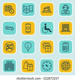 Set Of 16 Travel Icons. Can Be Used For Web, Mobile, UI And Infographic Design. Includes Elements Such As Call, Calculation, Globe And More.