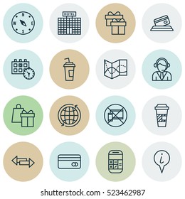 Set Of 16 Travel Icons. Can Be Used For Web, Mobile, UI And Infographic Design. Includes Elements Such As Coffee, Credit, Takeaway And More.
