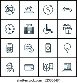 Set Of 16 Travel Icons. Can Be Used For Web, Mobile, UI And Infographic Design. Includes Elements Such As Travel, Accessibility, Map And More.