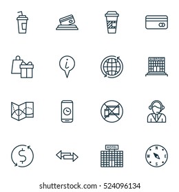 Set Of 16 Travel Icons. Can Be Used For Web, Mobile, UI And Infographic Design. Includes Elements Such As World, No, Drink And More.