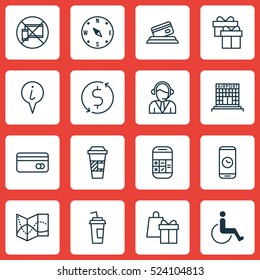 Set Of 16 Travel Icons. Can Be Used For Web, Mobile, UI And Infographic Design. Includes Elements Such As Construction, Present, No And More.