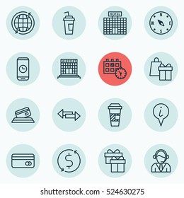 Set Of 16 Travel Icons. Can Be Used For Web, Mobile, UI And Infographic Design. Includes Elements Such As Compass, Calendar, Debit And More.