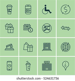 Set Of 16 Travel Icons. Can Be Used For Web, Mobile, UI And Infographic Design. Includes Elements Such As Disabled, Calendar, Shopping And More.