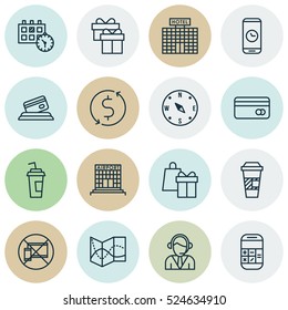 Set Of 16 Travel Icons. Can Be Used For Web, Mobile, UI And Infographic Design. Includes Elements Such As Cup, Box, Shopping And More.