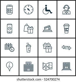 Set Of 16 Travel Icons. Can Be Used For Web, Mobile, UI And Infographic Design. Includes Elements Such As Calculator, Calendar, Airport And More.