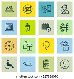Set Of 16 Travel Icons. Can Be Used For Web, Mobile, UI And Infographic Design. Includes Elements Such As Present, Drink Cup, Locate And More.