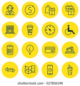 Set Of 16 Travel Icons. Can Be Used For Web, Mobile, UI And Infographic Design. Includes Elements Such As Info Pointer, Airfield Manufacture, Road Map And More.