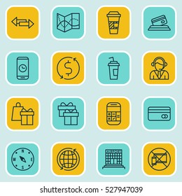 Set Of 16 Travel Icons. Can Be Used For Web, Mobile, UI And Infographic Design. Includes Elements Such As Call Duration, Money Trasnfer, Plastic Card And More.