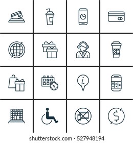 Set Of 16 Travel Icons. Can Be Used For Web, Mobile, UI And Infographic Design. Includes Elements Such As Forbidden Mobile, Takeaway Coffee, Credit Card And More.