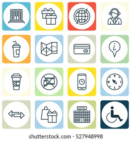 Set Of 16 Travel Icons. Can Be Used For Web, Mobile, UI And Infographic Design. Includes Elements Such As Info Pointer, Shopping, Locate And More.