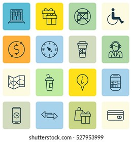 Set Of 16 Travel Icons. Can Be Used For Web, Mobile, UI And Infographic Design. Includes Elements Such As Locate, Forbidden Mobile, Road Map And More.