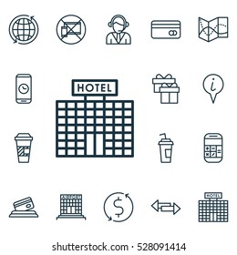 Set Of 16 Travel Icons. Can Be Used For Web, Mobile, UI And Infographic Design. Includes Elements Such As Present, Road Map, Plastic Card And More.