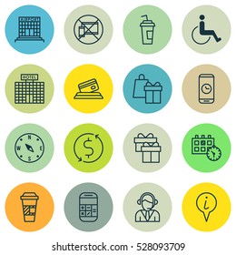 Set Of 16 Travel Icons. Can Be Used For Web, Mobile, UI And Infographic Design. Includes Elements Such As Money Trasnfer, Forbidden Mobile, Shopping And More.