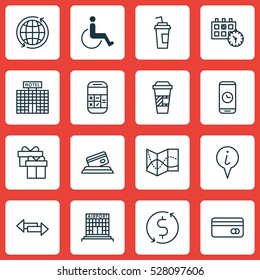 Set Of 16 Travel Icons. Can Be Used For Web, Mobile, UI And Infographic Design. Includes Elements Such As Accessibility, Info Pointer, World And More.