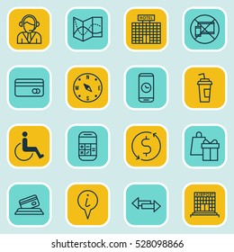 Set Of 16 Travel Icons. Can Be Used For Web, Mobile, UI And Infographic Design. Includes Elements Such As Airfield Manufacture, Money Trasnfer, Road Map And More.