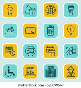 Set Of 16 Travel Icons. Can Be Used For Web, Mobile, UI And Infographic Design. Includes Elements Such As Accessibility, Calculation, Road Map And More.