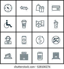 Set Of 16 Travel Icons. Can Be Used For Web, Mobile, UI And Infographic Design. Includes Elements Such As Accessibility, Resort Development, Plastic Card And More.