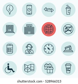 Set Of 16 Travel Icons. Can Be Used For Web, Mobile, UI And Infographic Design. Includes Elements Such As Airfield Manufacture, Operator, Road Map And More.