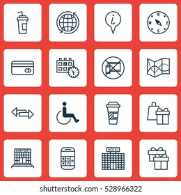 Set Of 16 Travel Icons. Can Be Used For Web, Mobile, UI And Infographic Design. Includes Elements Such As Info Pointer, Drink Cup, Road Map And More.
