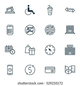 Set Of 16 Travel Icons. Can Be Used For Web, Mobile, UI And Infographic Design. Includes Elements Such As Resort Development, Airfield Manufacture, Calculation And More.