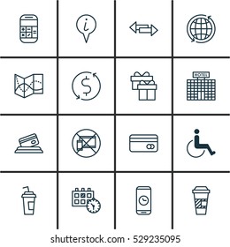 Set Of 16 Travel Icons. Can Be Used For Web, Mobile, UI And Infographic Design. Includes Elements Such As Forbidden Mobile, Appointment, Takeaway Coffee And More.