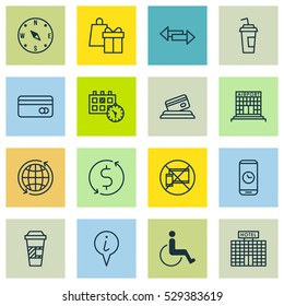 Set Of 16 Travel Icons. Can Be Used For Web, Mobile, UI And Infographic Design. Includes Elements Such As Accessibility, Crossroad, Resort Development And More.