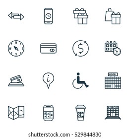 Set Of 16 Travel Icons. Can Be Used For Web, Mobile, UI And Infographic Design. Includes Elements Such As Airfield Manufacture, Road Map, Call Duration And More.