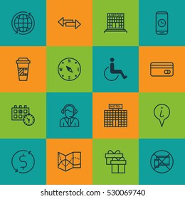 Set Of 16 Travel Icons. Can Be Used For Web, Mobile, UI And Infographic Design. Includes Elements Such As Appointment, World, Resort Development And More.