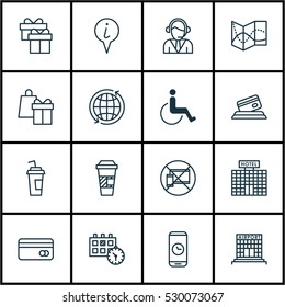 Set Of 16 Travel Icons. Can Be Used For Web, Mobile, UI And Infographic Design. Includes Elements Such As Takeaway Coffee, Airfield Manufacture, Shopping And More.