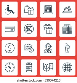 Set Of 16 Travel Icons. Can Be Used For Web, Mobile, UI And Infographic Design. Includes Elements Such As Shopping, Present, Forbidden Mobile And More.