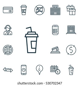 Set Of 16 Travel Icons. Can Be Used For Web, Mobile, UI And Infographic Design. Includes Elements Such As Drink Cup, Airfield Manufacture, Calculation And More.