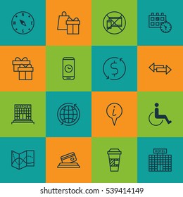 Set Of 16 Travel Icons. Includes Takeaway Coffee, Call Duration, Resort Development And Other Symbols. Beautiful Design Elements.